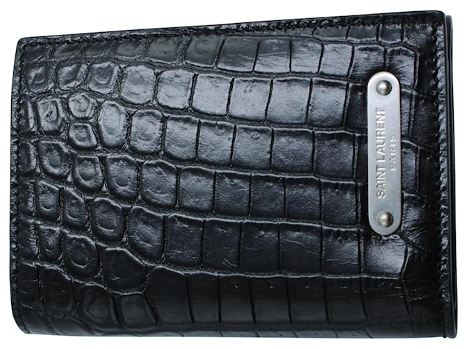 Yves Saint Laurent Croc-Embossed Short Wallet in Black Leather  ref.570622