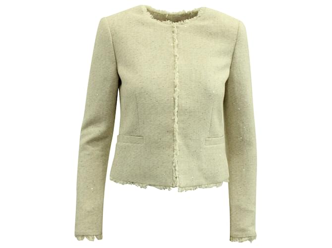 Alice + Olivia Tweed Jacket with Frayed Trim in Ivory Cotton White Cream  ref.570693