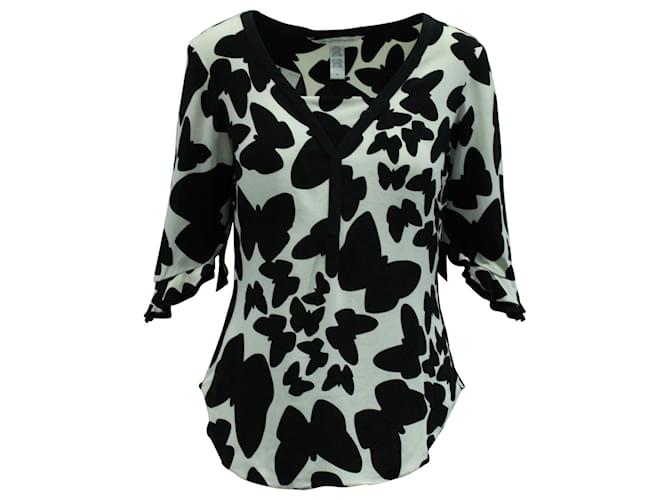 Blusa con estampado de mariposas en seda negra y blanca Retta de Diane Von Furstenberg Negro  ref.570720