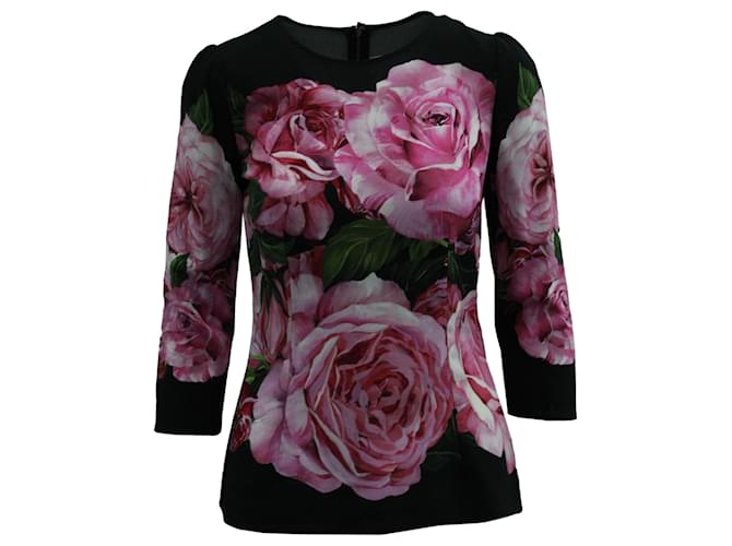 Dolce & Gabbana Pink Rose Print in Black Viscose Cellulose fibre  ref.570733
