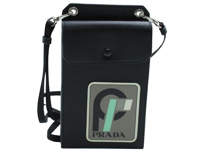 Saffiano Prada Logo Patch Phone Case in Black Leather