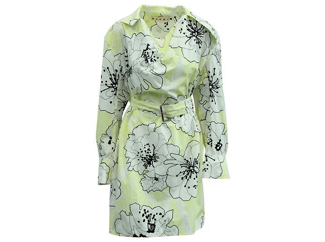 Marni Floral Belted Dress in Yellow Cotton