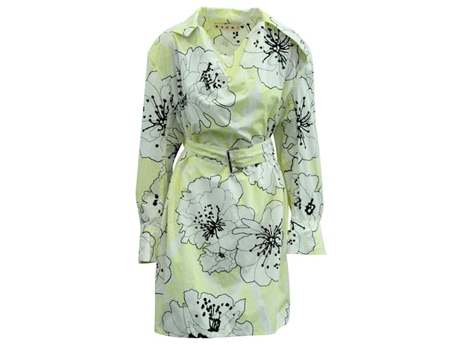 Marni Robe Florale Ceinturée en Coton Jaune  ref.570921