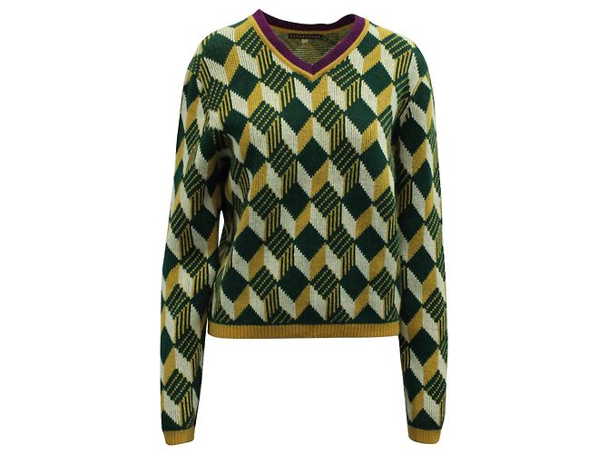 Alexa Chung Dreifarbiger Pullover mit V-Ausschnitt aus grüner Wollmischung