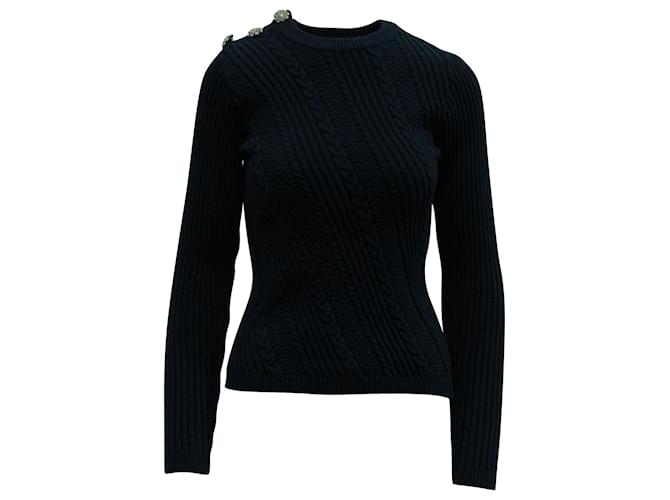 Ganni Crystal-Button Embellished Knit Sweater in Navy Blue Cotton