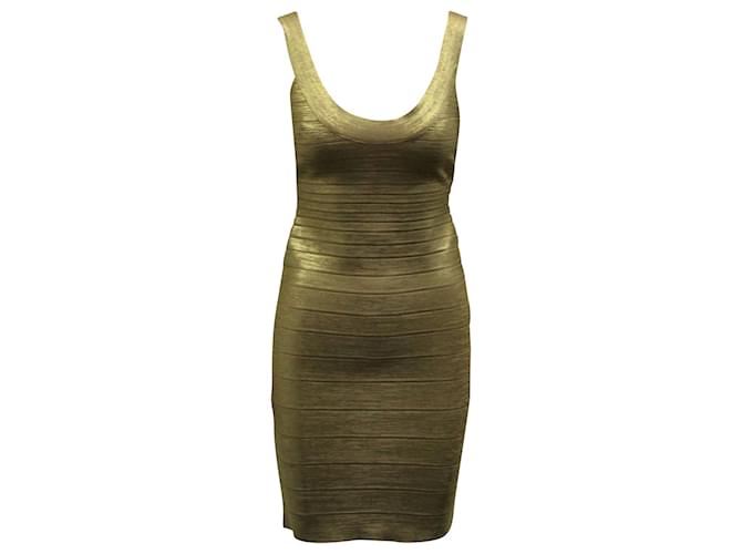 Herve Leger Scoop Neck Bandage Foil Dress in Gold Rayon Golden Cellulose fibre  ref.570951