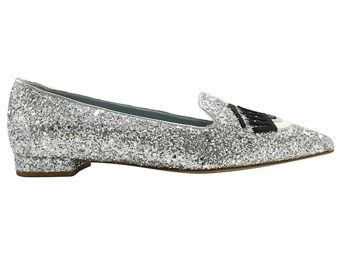 Chiara Ferragni Pointed Toe Glitter Silver Flats Silvery Metallic  ref.571061