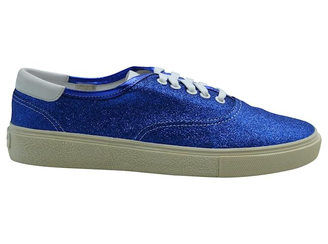 Saint Laurent Skate Sneakers zum Schnüren in blauem Glitzer  ref.571209