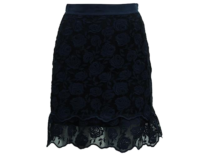 Sandro Dee Rose Pattern Lace Skirt in Navy Blue Polyester  ref.571280