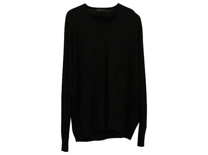 Prada Knitted V-neck Sweater in Black Wool  ref.571307