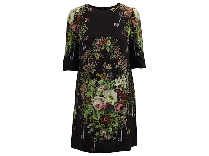 Dolce & Gabbana Kleid mit Blumenstrauß-Print aus schwarzer Viskose Zellulosefaser  ref.571324