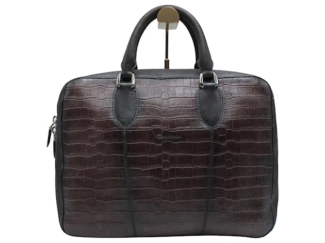 Santoni Briefcase in Brown Croc Embossed Leather  ref.571365