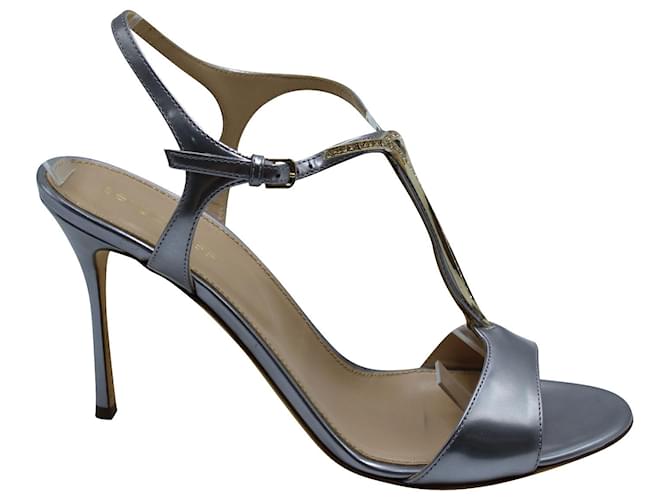 Sergio Rossi Crystal Embellished Ankle Strap Sandals in Silver Leather Silvery Metallic  ref.571403