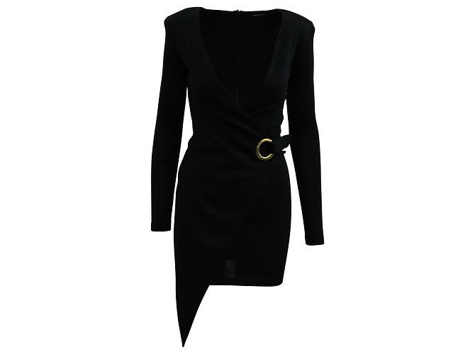 Vestido cruzado asimétrico de Balmain en lana negra Negro