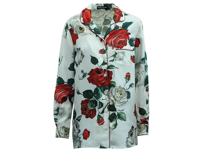 Dolce & Gabbana Chemise boutonnée à imprimé roses en soie blanche  ref.571438