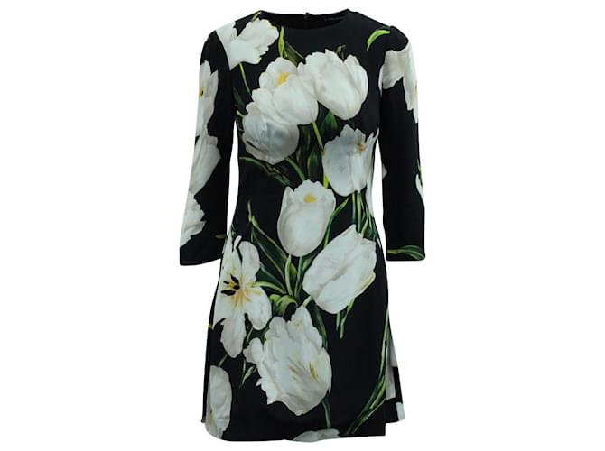 Dolce & Gabbana Robe droite à imprimé tulipe en viscose noire Fibre de cellulose  ref.571452
