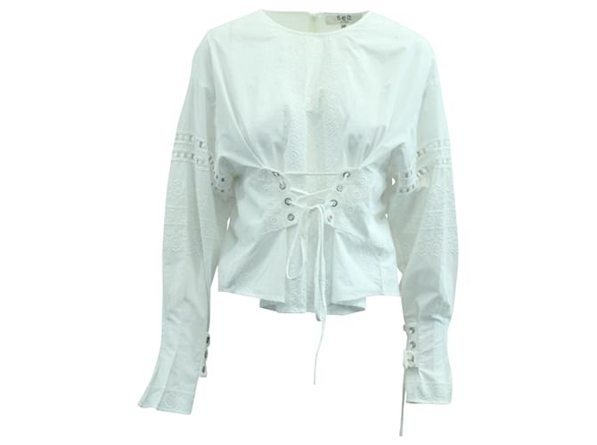 Sea New York Long Sleeve Eyelet Lace Up Blouse in White Cotton  ref.571473