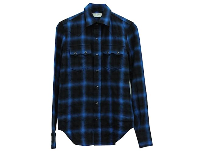 Camisa de manga larga con estampado de cuadros en algodón azul de Saint Laurent Azul marino  ref.571479
