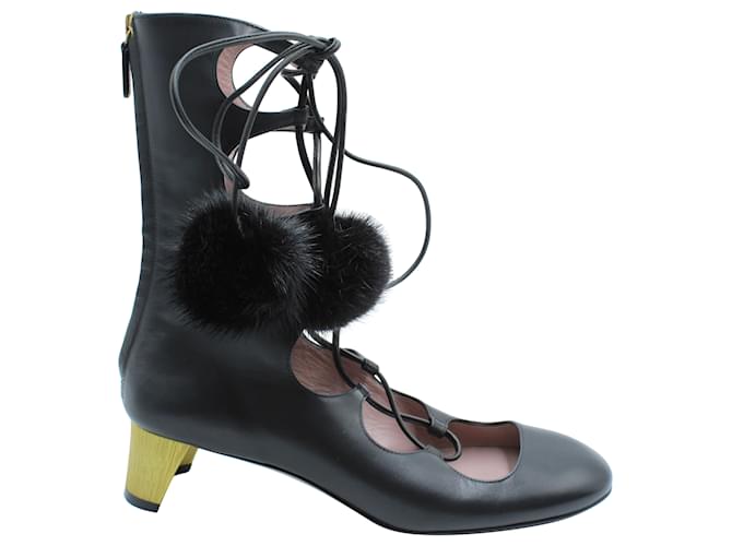 gucci 2015 Re-Edition Lace Up Boots with Pom Pom in Black Leather  ref.571480