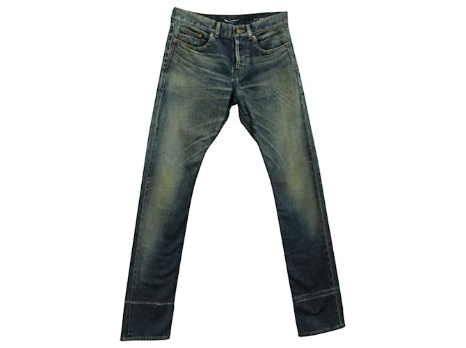 Jeans Saint Laurent Distressed Straight Leg em Blue Cotton Denim Azul Algodão  ref.571524
