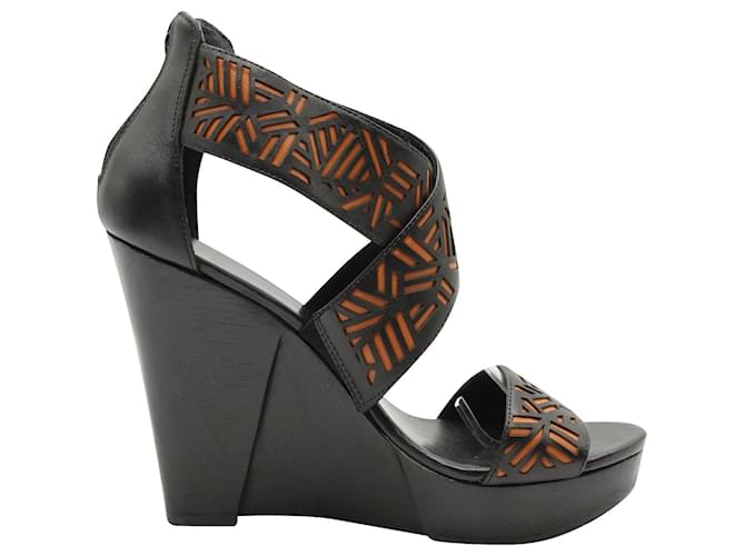 Diane Von Furstenberg Tribal Opal Wedge Sandals in Black Leather3885  ref.571573