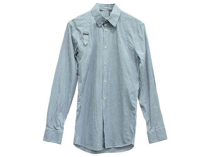 Alexander McQueen Camisa listrada com botões e fivela em algodão azul Impressão em python