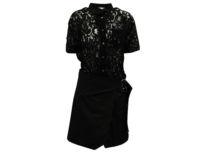 Sacai Luck Robe chemise à jupe portefeuille en dentelle en rayonne noire Fibre de cellulose  ref.571613