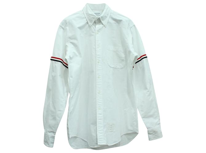Thom Browne Gestreiftes Oxford-Hemd mit Ripsbandbesatz und Button-Down-Kragen aus weißer Baumwolle  ref.571621