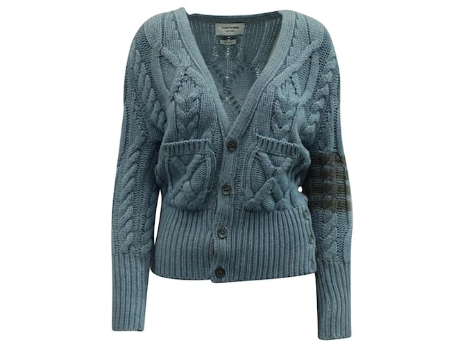 Thom Browne 4 Bar Cable Knit Cardigan in Blue Wool  Cashmere  ref.571630