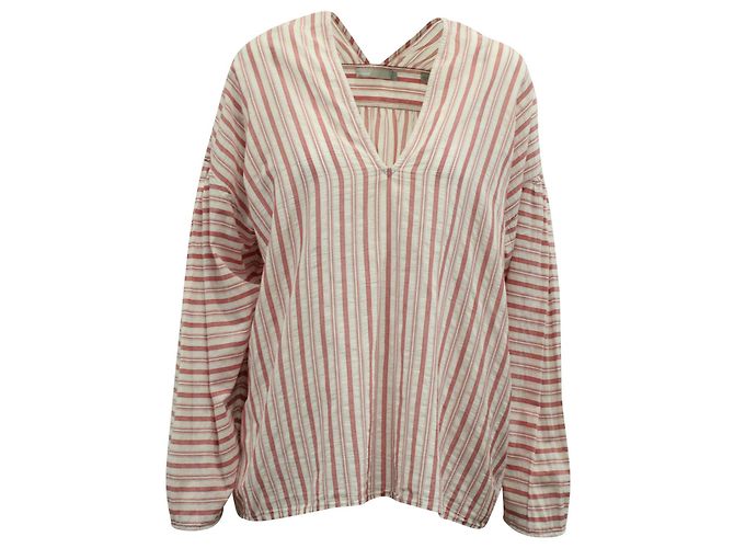 Camicetta Vince a maniche lunghe a righe con spalle scese in cotone rosso/bianco