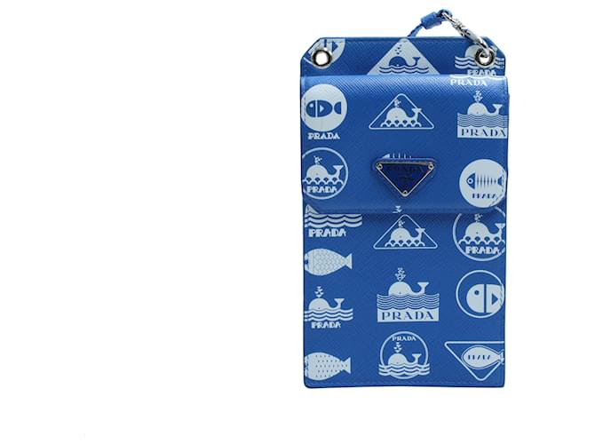 Saffiano Prada Whale Printed Phone Holder Crossbody Bag in Blue Leather  ref.571666