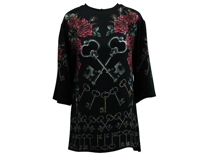 Dolce & Gabbana Mini Dress with Keys & Floral Print in Black Viscose Cellulose fibre  ref.571719