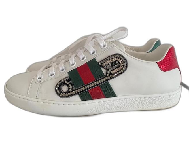 GUCCI WOMEN'S ACE SNEAKERS SIZE 36 White Red Green Leather  ref.571992
