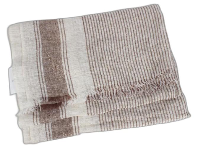 Brunello Cucinelli Striped Linen-blend Scarf In Beige.  ref.572080