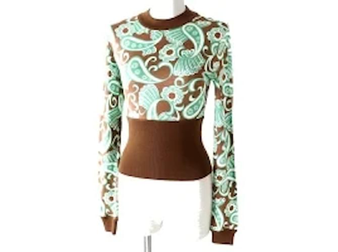 Céline *CELINE Celine Phoebe period Ladies cropped length Long sleeve knit pullover / tops Green x brown x white Total pattern XS Rayon Polyurethane  ref.572148