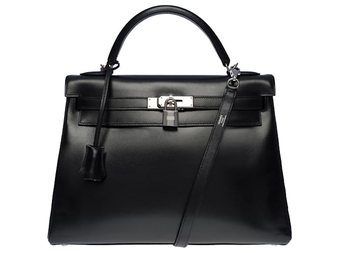 Hermès Splendid & Rare Hermes Kelly bolso de mano 32 bandolera devuelta en cuero box negro, adornos de metal plateado paladio  ref.572198