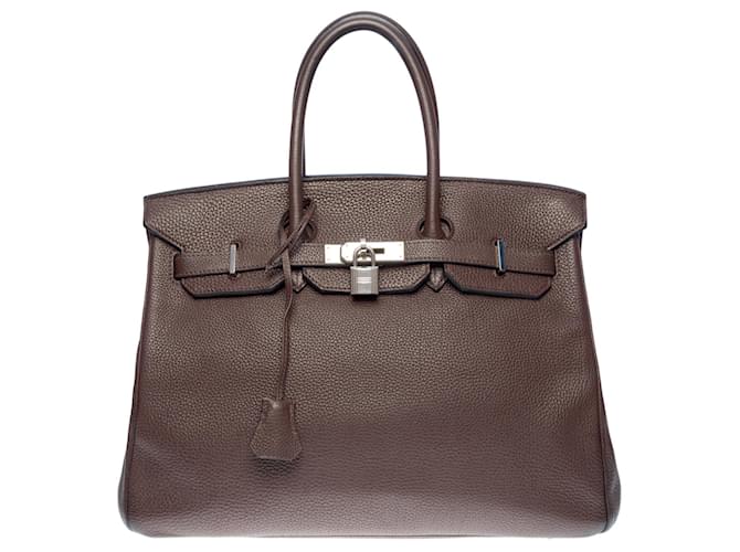 Hermès Impresionante bolso de mano de Hermes Birkin. 35 cm en cuero Taurillon Clémence marrón, adornos de metal plateado paladio Castaño  ref.572206
