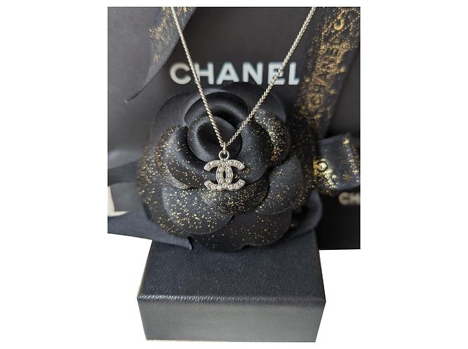 Chanel CC B12V logo classic timeless crystal necklace box docs Silvery