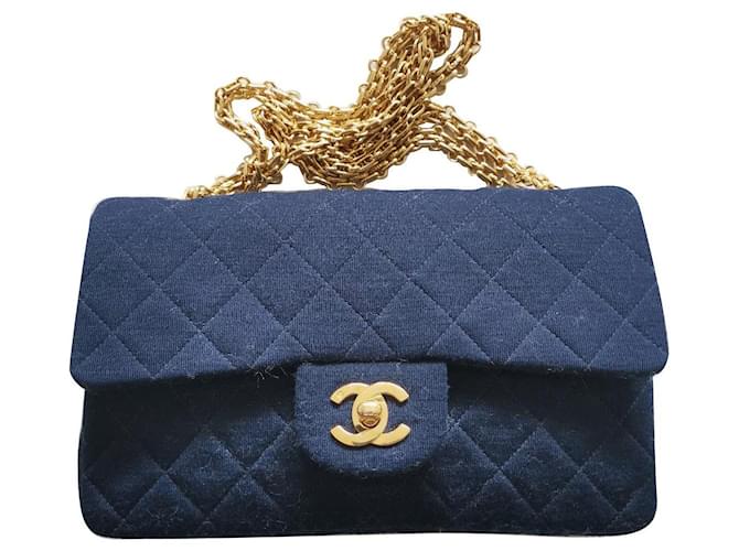 Classique Sac à rabat vintage doublé Chanel Small Jersey Classic Toile Bleu  ref.572308