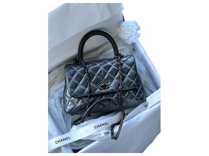 Sac Chanel Small Coco Handle Cuir Gris anthracite  ref.572318