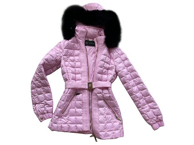 Versace Pink Down Jacket with Fur Collar and Belt