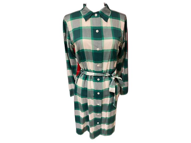 Vestido Agnès b. Abotoado Verde e Branco Algodão Viscose Multicor
