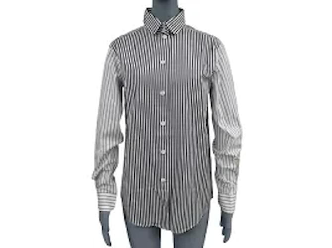 Céline *CELINE Camisa de manga larga Tops Y-shirt Cuello a rayas negro Blanco Algodón  ref.572590