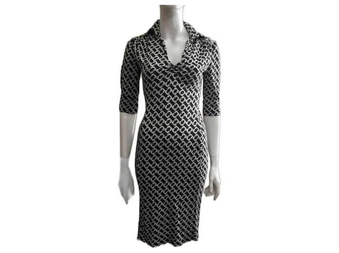 Diane Von Furstenberg DvF vintage Aheza chain link silk jersey dress White Dark grey  ref.572633