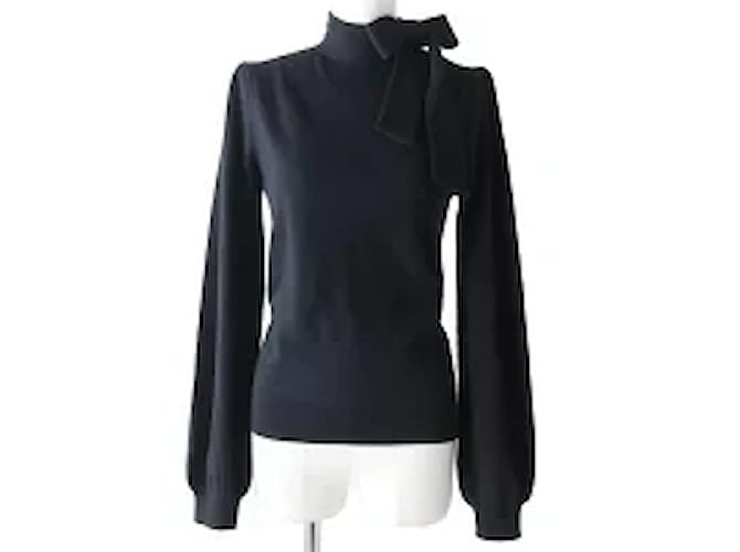 Céline *CELINE Long- sleeved with bow tie High neck cashmere mixed knit tops Sweater Black S Made in Italy  ref.572728