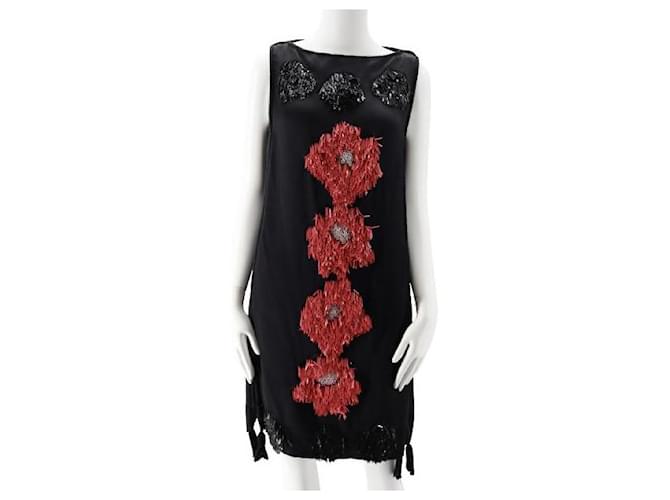 Lanvin Black Dress with Sequin Flowers Cotton  ref.572729
