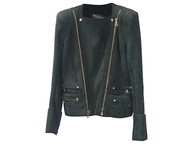 Balmain Green Women's Shearling Biker Style Jacket Jacket Leather  ref.572903