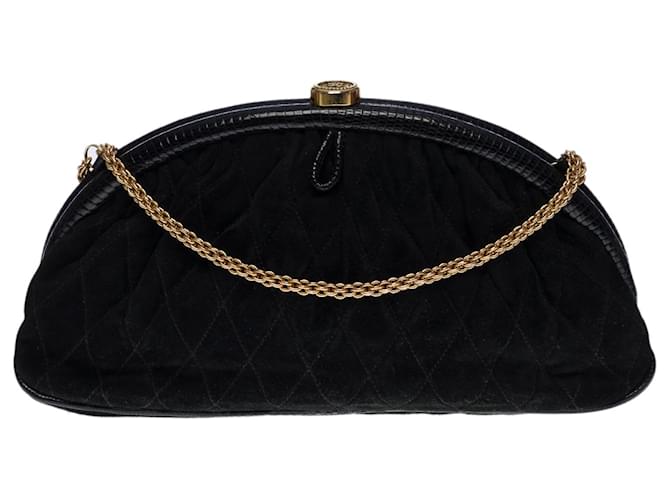 Classique Magnifique Pochette demi-lune Chanel vintage en suède noir, bordure en cuir de lézard noir, garniture en métal doré Suede  ref.573067