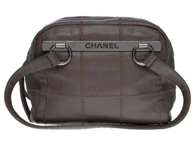 Beautiful Chanel Bowling handbag in gray caviar leather, gray overlock stitching, gray ruthenium metal trim Grey  ref.573082