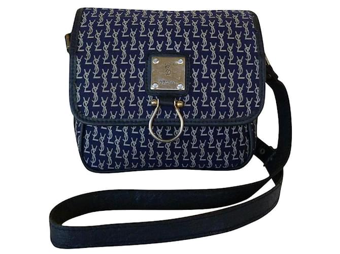 Yves Saint Laurent Handbags Beige Navy blue Leather Cloth  ref.573083